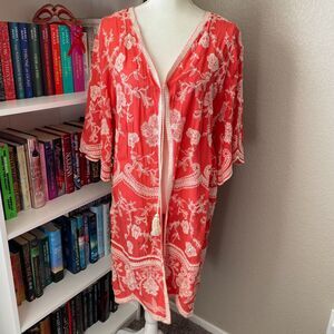 SOLITAIRE Large Coral Embroidered BoHo Duster Kimono Beach CoverUp Swim Summer